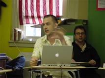 Hans-Christoph Steiner explaining Max/MSP to a
		high school class